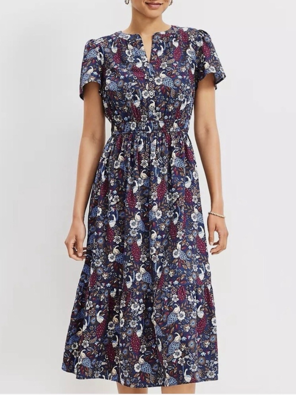 Loft Peacock Smocked Waist Button Midi Dress Size S